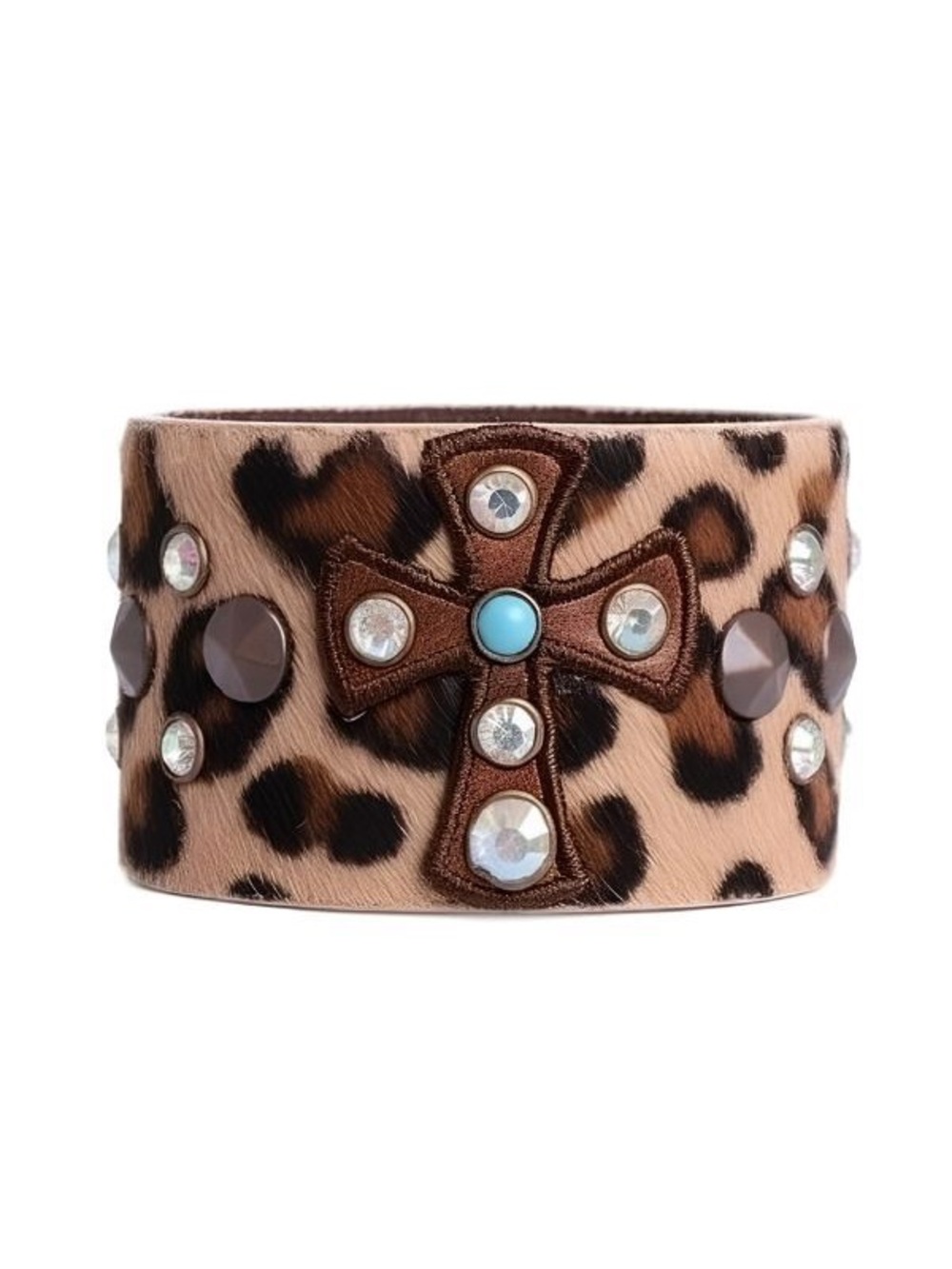 Leopard Print Cuff Bracelet with Turquoise Cross Accent - Brown